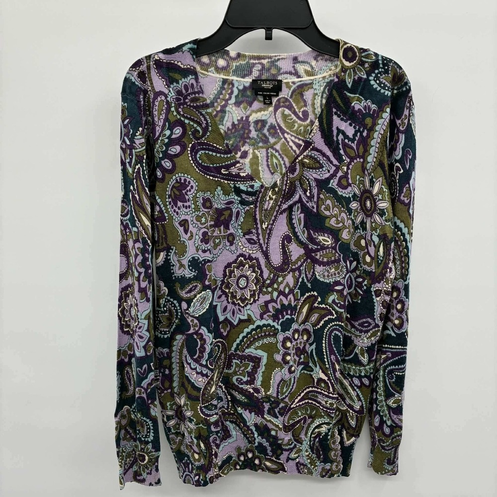 Talbots Petites L 100% Italian Merino Wool Sweater Purple Paisley V Neck Boho